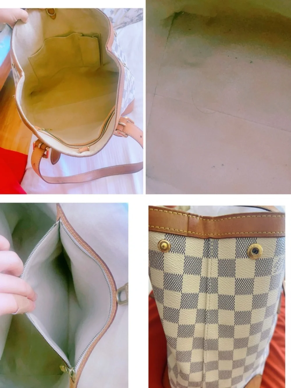LOUIS VUITTON Damier Azur Hampstead MM Bag  Tote Bag with Tan Trim - Beige/White